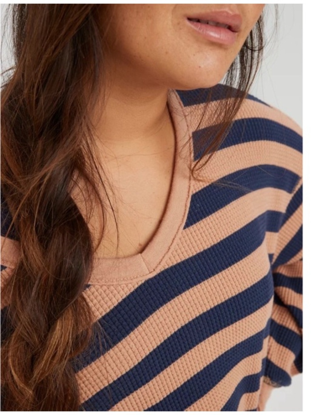 Aerie Wow! Striped Thermal Waffle Knit Oversized Long Sleeve Shirt Tan Small - Picture 3 of 10